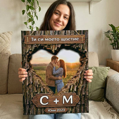 Canvas for Couples - Photo, Initials and Date in Wood
