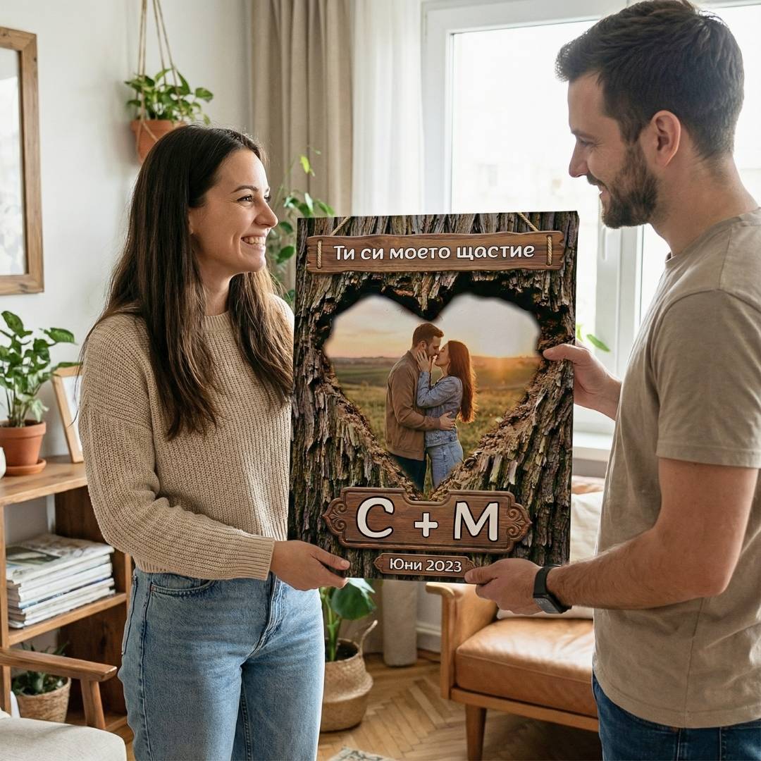 Canvas for Couples - Photo, Initials and Date in Wood