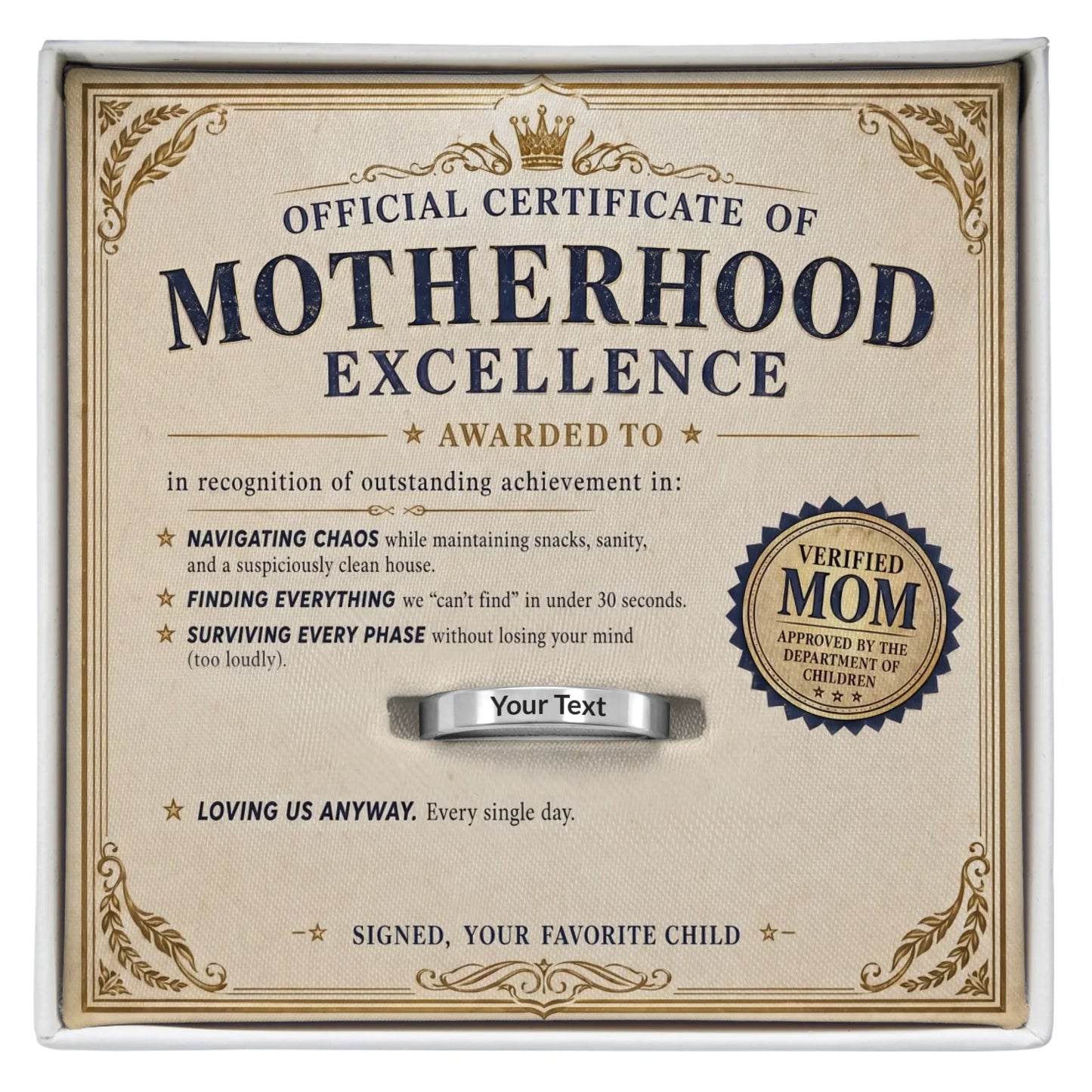 Mother's Day Engraved Ring - Certificate of Motherhood Excellence