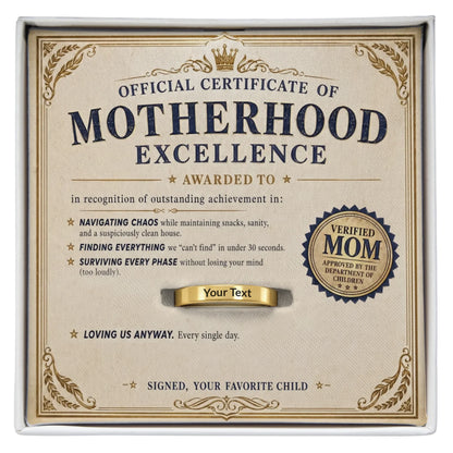 Mother's Day Engraved Ring - Certificate of Motherhood Excellence