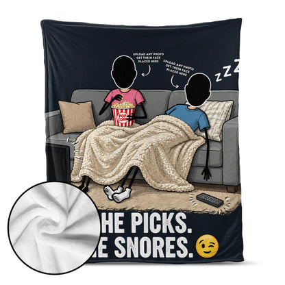 "She Picks. He Snores. 😉" with Custom Names & Photos