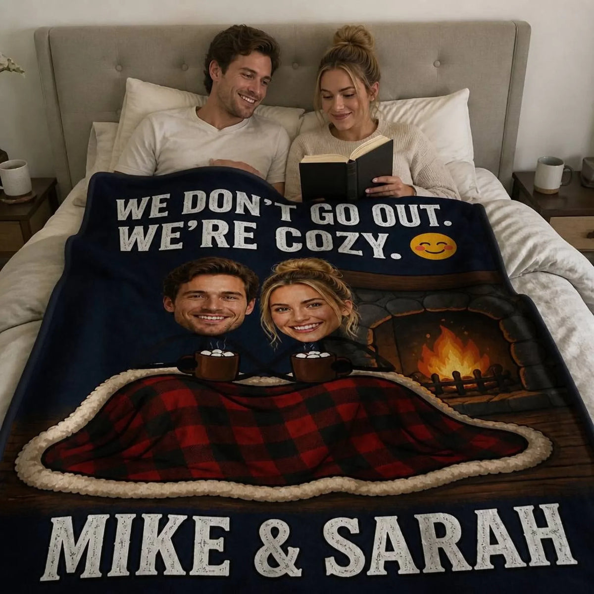 Personalized couple blanket with your faces and names on a bed